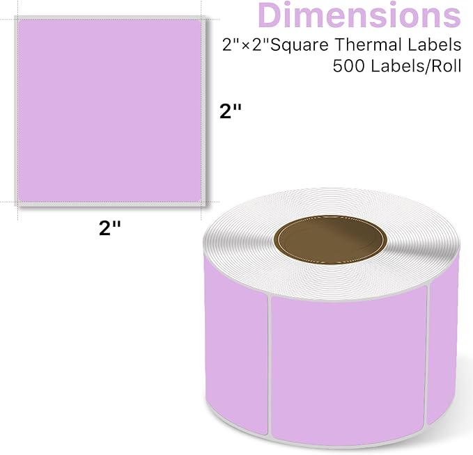 Square Thermal Label Stickers, 2"x2" (50.8mm x 50.8mm) Compatible with Multiple Thermal Printers Self-Adhesive Square Direct Strong Adhesive Thermal Labels, Purple, 500 Sheets/Roll