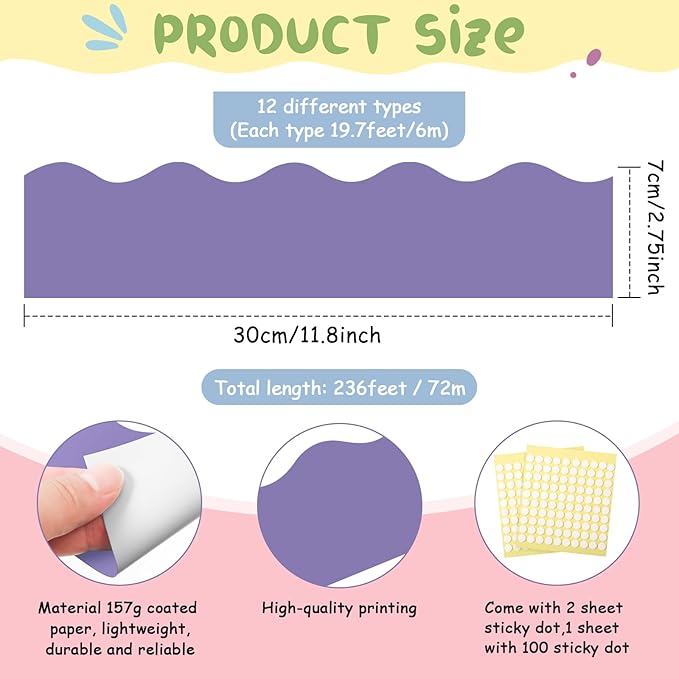 Containlol 236ft Macaron Bulletin Board Decoration, Spring Pastel Classroom Bulletin Board Borders, Bright Scalloped Trim for School Office Poster Chalkboard Whiteboard Wall Decor