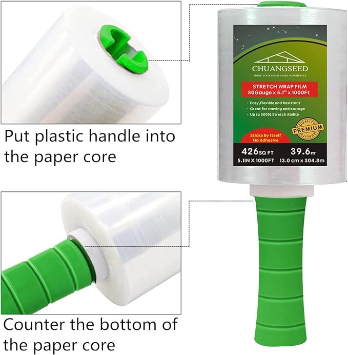 2-Pack Industrial Mini Clear Stretch Wrap Film 80 Gauge 5.1" 1000ft for Pallet Wrap with Plastic Handle,Durable Self-Adhering Packing,Moving,Packaging,Heavy Duty Shrink Film Chuangseed