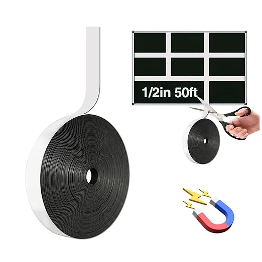 CHUNNIAO 0.5" x50' White Magnetic Tape Roll for Teacher Supplies,1/2" Magnet Strips