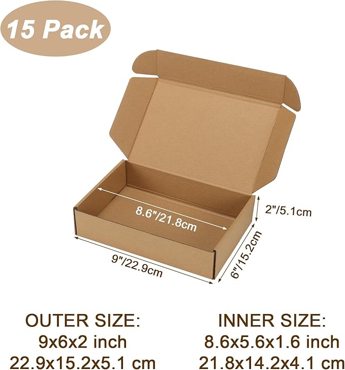 9x6x2 inch Shipping Boxes Set of 15 Brown, Inner Size 8.6x5.6x1.6 inch Cardboard Box Mailers for Small Business Packaging Mailing or Gift Wrapping Giving