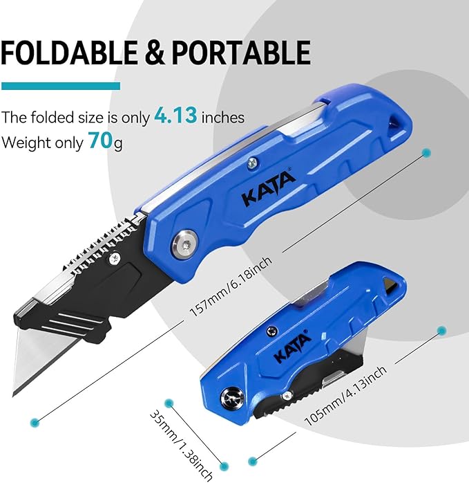 KATA Folding Box Cutter Knives - Heavy Duty Utility Knife Box Cutters with Extra 10pcs Razor Blades - 2-Pack Pocket Knife Plastic Cardboard Opener Tool - Used for Cutting Cartons, Boxes (Orange/Blue)