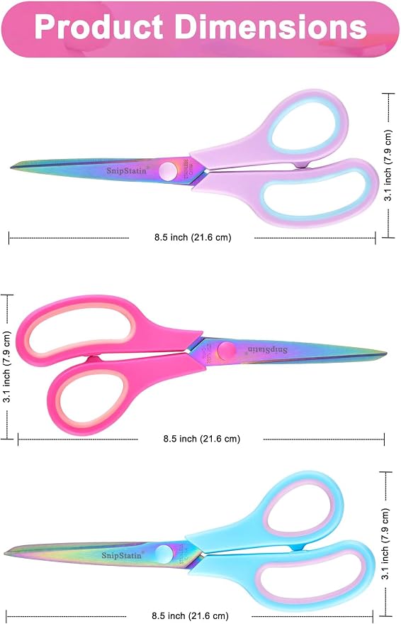 8.5" Multipurpose Office Scissors Heavy Duty, Titanium Coating Sharp Blades, Ergonomic Semi-Soft Rubber Grip, Scissors All Purpose for Sewing, School, Fabric, Art Craft Supplies, 3-Pack