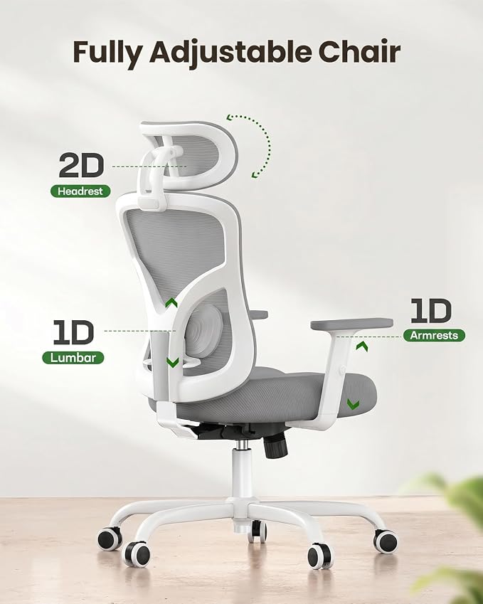 Marsail Ergonomic Office Chair Lumbar Support & Adjustable Armrests, Grey | 2D Headrest, Contoured Seat Cushion, Computer Desk Chair with Wheels for Home and Office