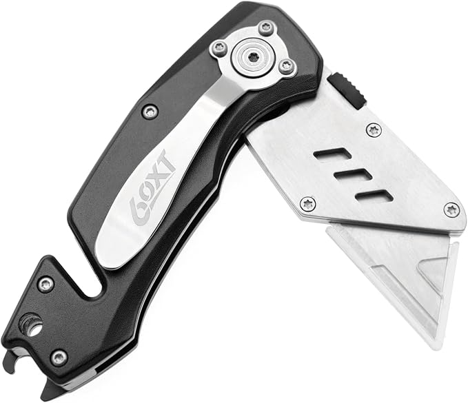 Utility Knife Folding Safety Lock Quick Change with 10 Extra SK5 Replacement Blade Lightweight Aluminum Handle & Pocket Clip Multi-Use Box Cutter Office Home Art Diy Great Gift Choice (Upg V. Black)