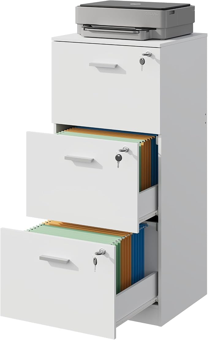 DEVAISE 3 Drawer Wood File Cabinet with Lock, Fits Letter and A4 Size | Wooden Tall Vertical Filing Cabinet, Home Office Printer Stand, Easy Assembly, White