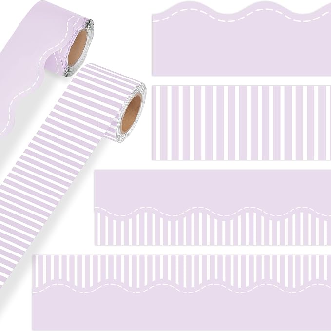 2 Rolls 65.6ft Marcaron Purple Striped Bulletin Board Borders Decoration Scalloped and Straight Edge Purple Bulletin Borders Board Trim for Office School Classroom Chalkboard Party Decoration