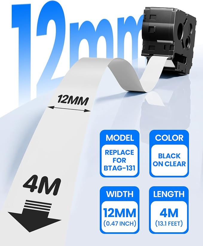 Compatible with Brother Btag-131 Btag131 Btag Label Tape 12mm 0.47 Clear | P Touch Label Maker Tape Compatible with Brother PT-N10 PT-N20 PT-N25BT Label Makers, Black on Clear, 12mm x 4m, 6-Pack