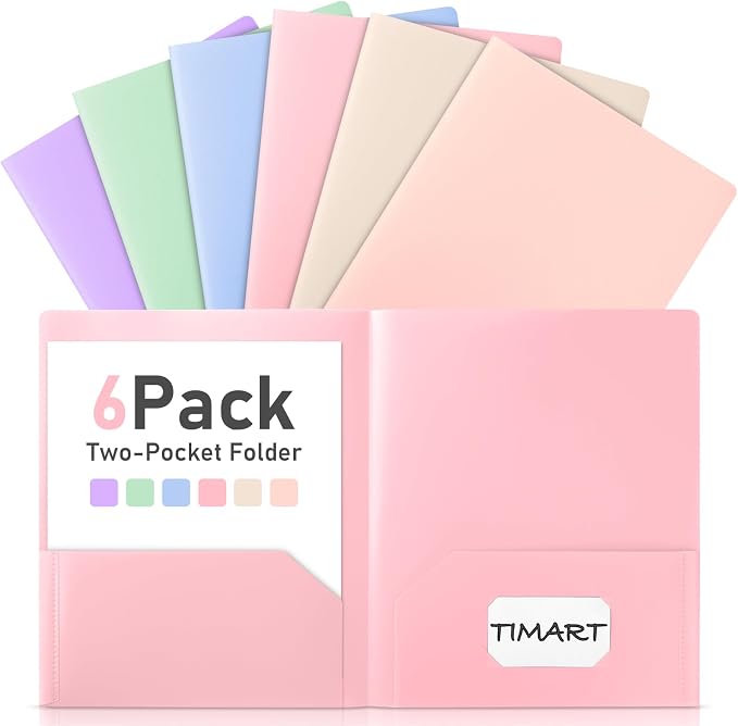 Timart Folders with Pockets, 2 Pocket Folders Pastel-6 Pack | Heavy Duty Plastic, Fit Letter Size Paper, Water and Tear-resistant, Colored Folders for School Office Home Bussiness