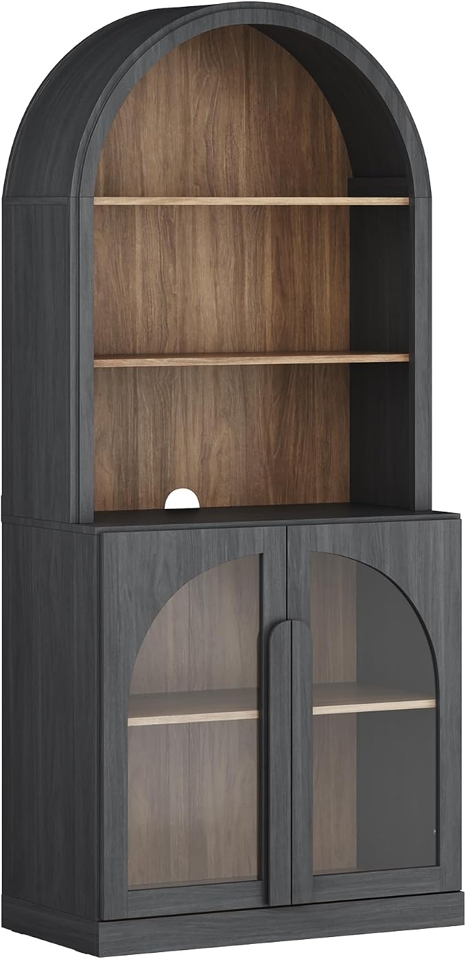 BELLEZE Arched Bookshelf with Glass Doors, 71" Tall Wood Display Cabinet with Adjustable Shelf and Hutch, 5 Tier Modern Bookcase Shelf with Storage for Living Room Office, Ebony