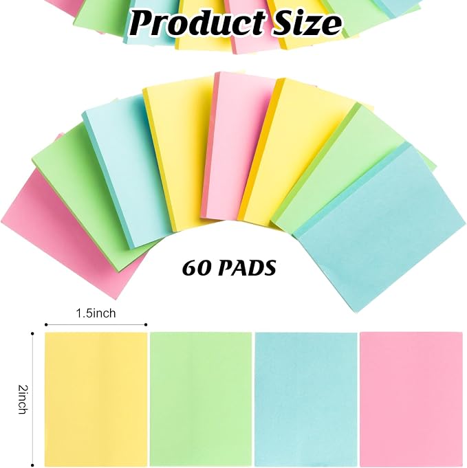 Fainne 60 Pads Sticky Notes Bulk 1.5x2,Simple Style,Classic Color,60 Pads | Bulk Mini Posted Pads, 50 Sheets Each, Self Stick Memo Paper for Office School Notebook, Bright Assorted Colors