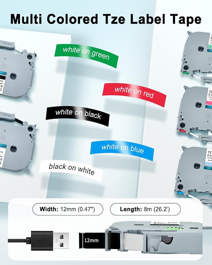 5 Multicolor TZ Tapes Replace for Brother P Touch Label Tape TZe | 12mm 0.47 Laminated Colored Tape TZe 231-735 White/Black/Red/Blue/Green for Brother Ptouch PTD210 PTP300BT PTD600 PT1280