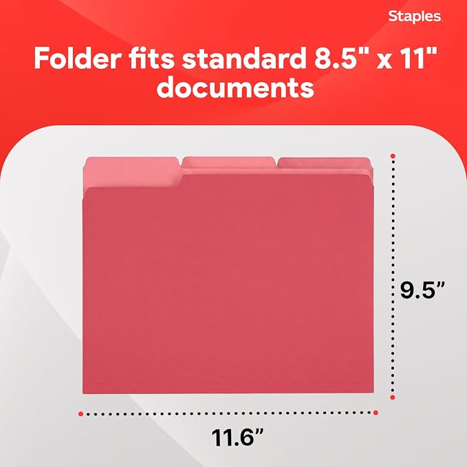 Staples File Folders, Letter Size, 1/3-Cut Tabs, Red, 100/Pack | Durable 10.5-point paper stock for everyday office document filing.