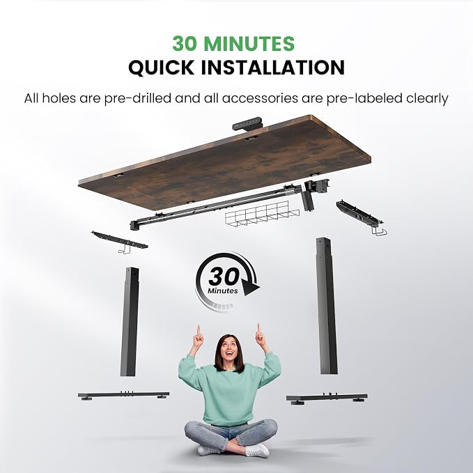 Brown 47x24 in Electric Standing Desk, 0.8 Inch Thick Tabletop | Holds 200lbs, Sit Stand, 3 Memory Height Adjustment, Extra Deep Table Top, Black Frame