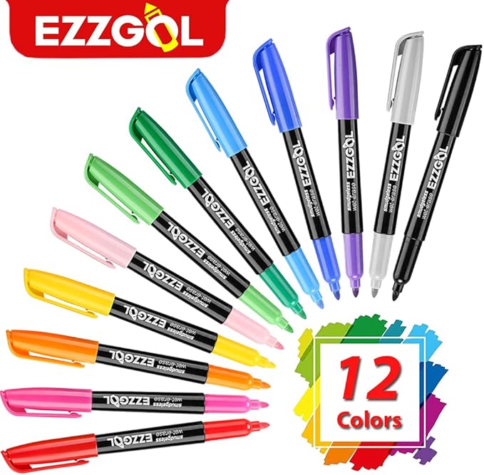 12-Color Bullet Tip Wet Erase Markers for Transparency, Whiteboards, Glass and More - Wipe with Water
