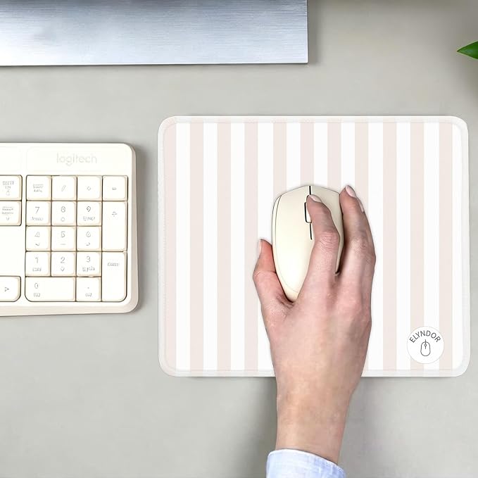 Mouse Pad for Desk with Stitched Edge, Premium Cute Washable Mouse Pads. Computer Mousepad with Non-Slip Rubber Base, Mousepads for Laptop, 9.25x7.75x0.12 inch (Cream Stripes)