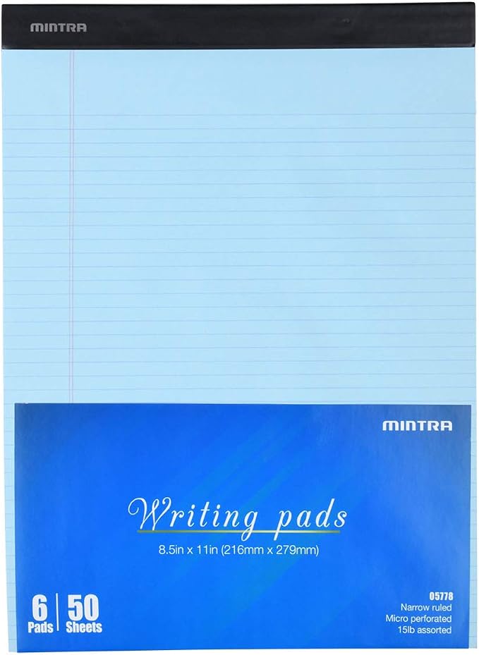 Mintra Office Colorful Legal Pads - Includes 2 Blue, 2 Pink, and, 2 Green Writing Pads, Micro Perforated Lined Sheets, Ideal for Professional & Personal Use, 8.5"x11" Narrow Ruled, 6 pack Basic Pastel
