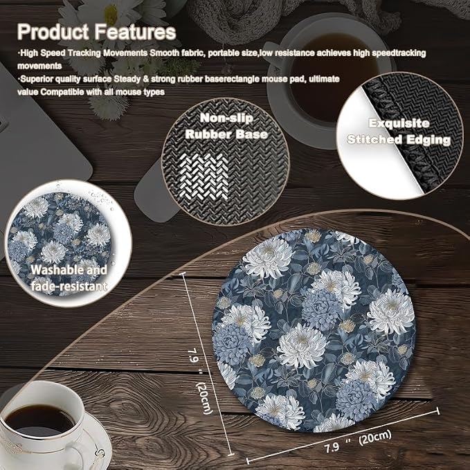 Vintage Blue Floral Round Mouse Pad, Oriental Dusty Blue Chrysanthemum Flower Botanical Mousepad Mat for Home Office Computer Laptop Desk Accessories 7.9x7.9 in