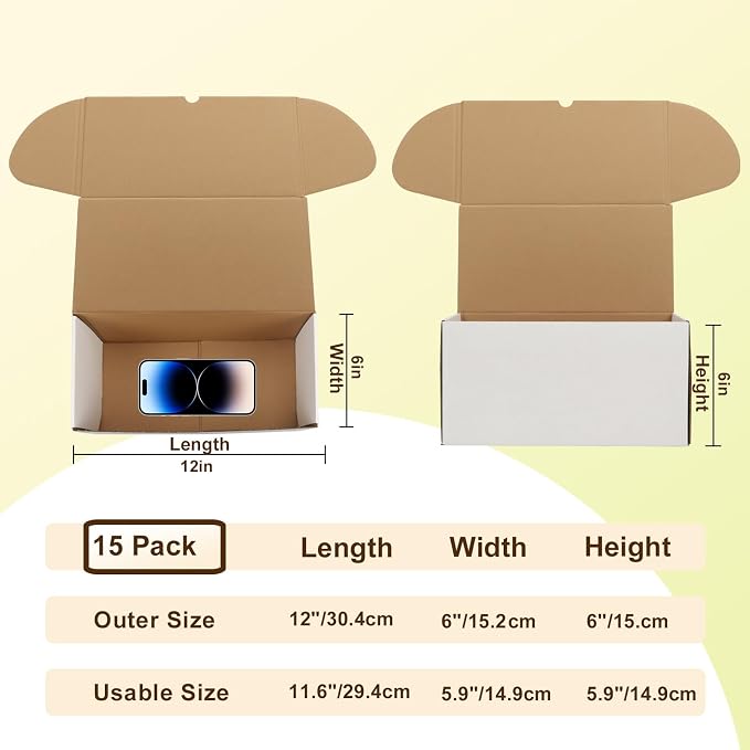 WIFTREY 12x6x6 White Shipping Boxes pack of 15, Corrugated Cardboard Boxes 12 x 6 x 6 for Packaging Small Business, Moving, Mailing