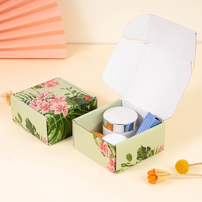 Hawaiian Flower Shipping Boxes Pack of 25-4x4x2 inches Hawaiian Floral Gift Boxes Small Cardboard Corrugated Mailer Shipping Boxes for Small Business Packaging Shipping Mailing