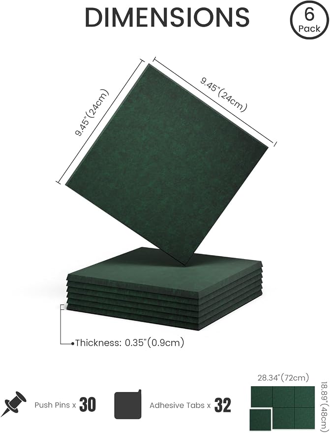 28" x 18" Felt Bulletin Board Tiles, Solid-Tile, Pine Green | 6-Pack Cork Board Alternative, 30 Adhesive Tabs, Push Pin Board, Wall Decor, Office, Home, Classroom, Dorm