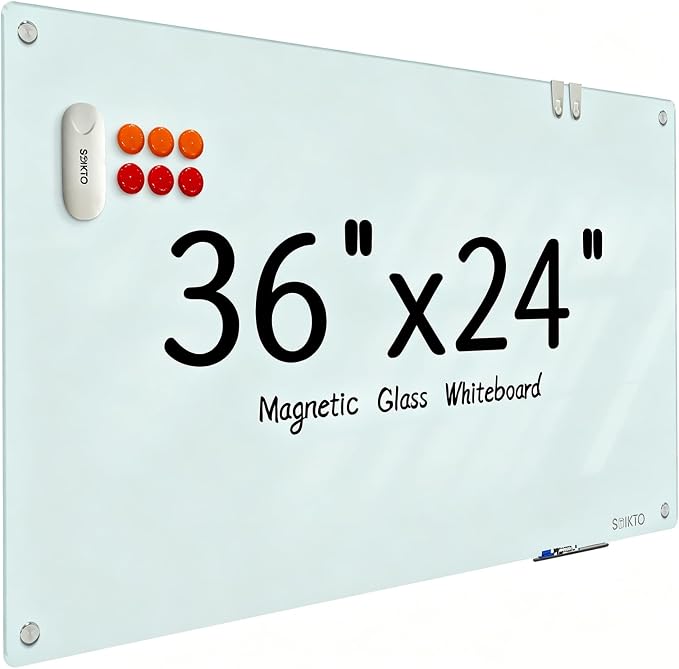 Glass Whiteboard - Glass Dry Erase Board 36" x 24" Magnetic White Board Glass Writing Board White Boards for Walls Wall Office Home