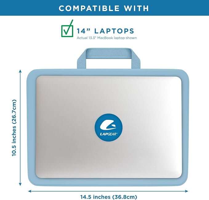 LAPGEAR Compact Lap Desk – Sky Blue, Fits 14" Laptops | Microbead Cushion, Built-In Pencil Slot, Carry Handle, Fits Standard Letter-Size Paper (8.5" × 11")