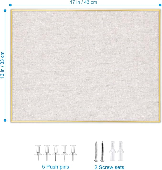 Bulletin Board with Golden Aluminum Frame, Oatmeal White Fabric Cork Board for Walls, 17 x 13 inches Pin Board with Push Pins for Office Home(G-AL,Fabric,4333)