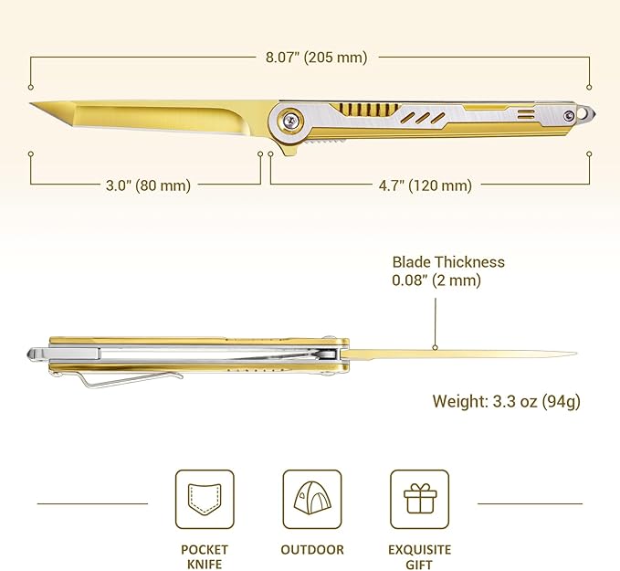 Cool Pocket Knife Gifts for Men, EDC Tanto Blade Folding Knives with Clip, Flipper Open Survival Knife with Window Breaker and Liner Lock for Outdoor Camping (Gold)