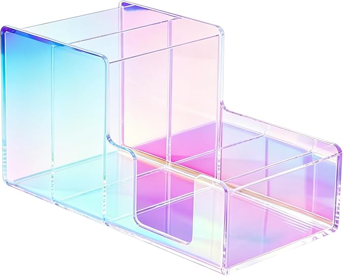 Iridescent Acrylic Desk Organizer with 3 Compartments - Clear Pencil Holder for Office, School & Home - Large Capacity Stationery Storage for Pens, Scissors, Sticky Notes, Paper Clips - Non-Slip Base