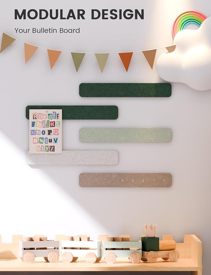 Fluxynara 13" x 2" Felt Wall Panels, Nordic Moss | 5-Pack Includes 35 Push Pins and Adhesive Tabs for Photos, Notes and Decor in Bedroom Doors, Home Office or Studios