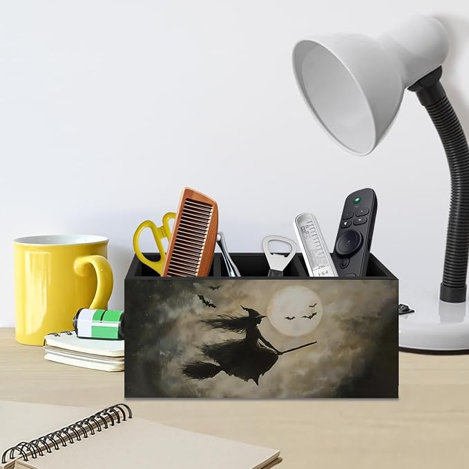 Halloween Gothic Flying Witch Pen Pencil Holder for Desk, Halloween Vintage Dark Academia Spooky Cottagecore Witchy Decorative Sign for Home Office Desk Tabletop Decor