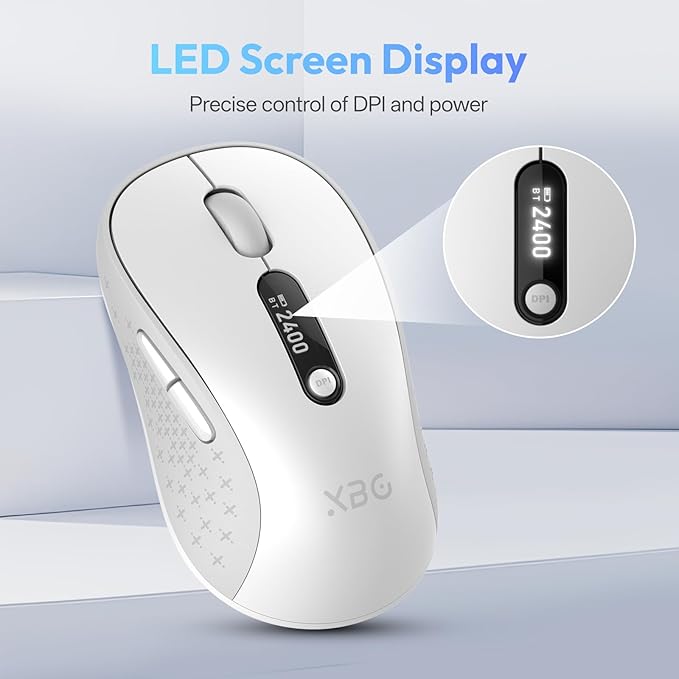 XBG B15pro Wireless Bluetooth Mouse, Bluetooth 5.0/4.0 & 2.4G Tri-Mode, Type-C Rechargeable with LED Screen Display, Ergonomic Silent Click for Laptop/PC/Tablet, Multi-Device & Office Use-White