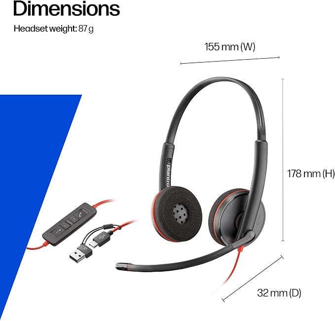 Poly Blackwire 3220 Wired Headset with Mic, Hi-Fi Stereo Sound, Noise-Canceling Mic, Stereo Design, Connect to PC via USB-C & USB-A Adapter, Over-Ear Design, Works with Virtual Meeting Platforms