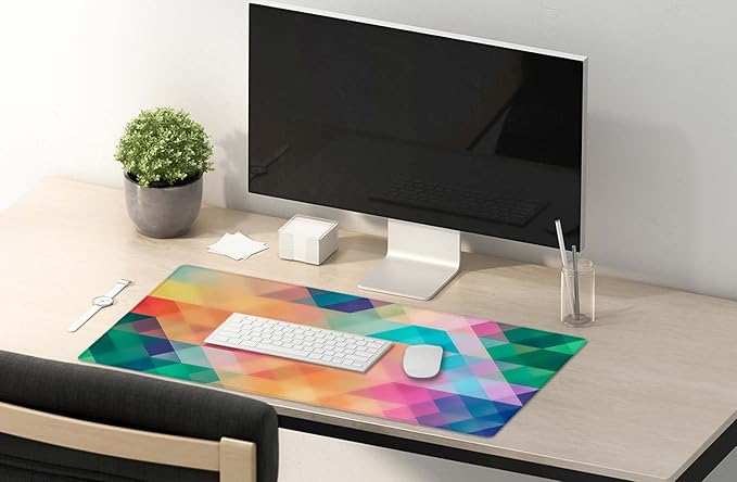 SSOIU Colorful Triangles Print Extended Gaming Mouse Pad (35.5x15.7 in), Large Non-Slip Rubber Base Mousepad with Stitched Edges, Waterproof Keyboard Mouse Mat Desk Pad for Work, Game, Office, Home