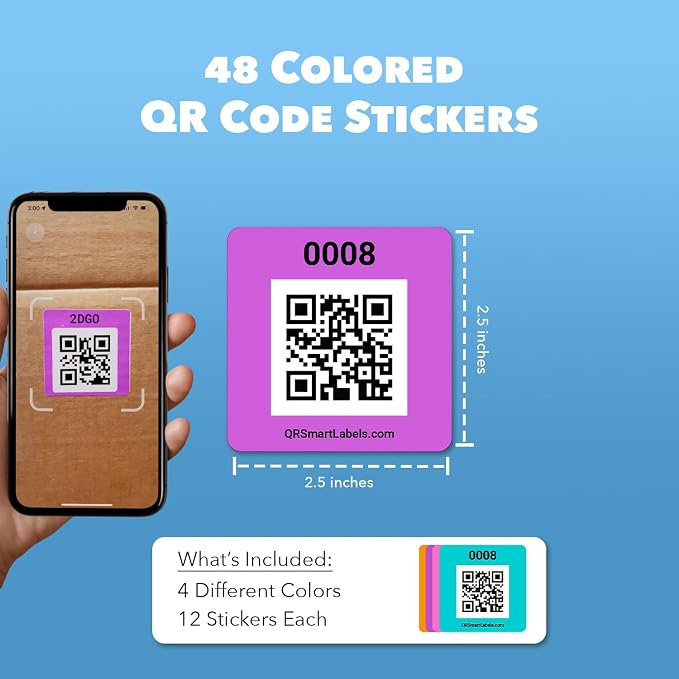 QR Code Stickers with AI Photo Analysis App - Auto-Creates Item Descriptions - No Typing - Made in USA - QR Code Labels for Storage & Inventory Tracking, Organization & Moving, Pack of 48