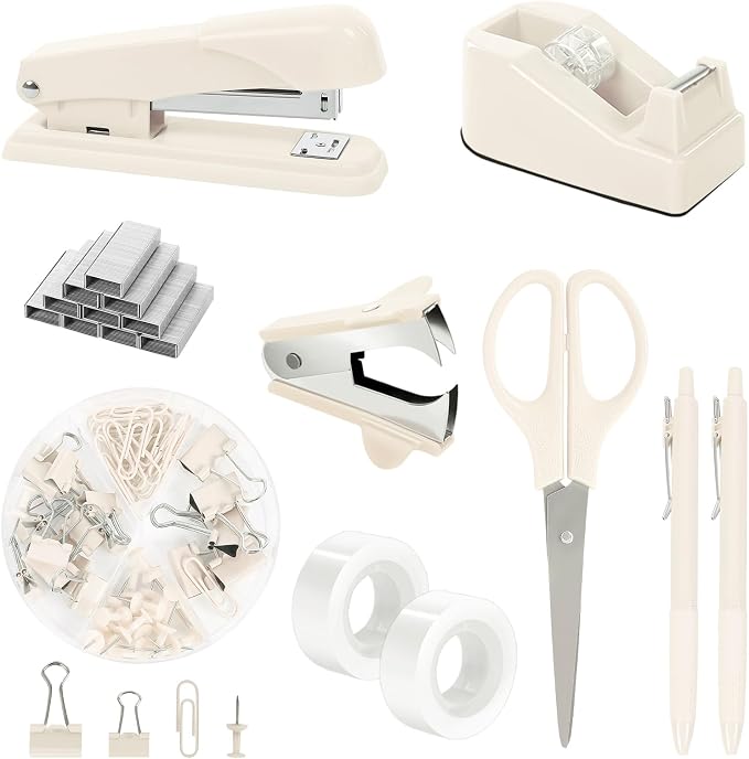 SKYDUE Office Supplies Set, Stapler and Tape Dispenser Set,10PCS | Desk Accessories Kit with Stapler, Tape Dispenser, Scissors, Clips & Staple Remover, for Home Office, School