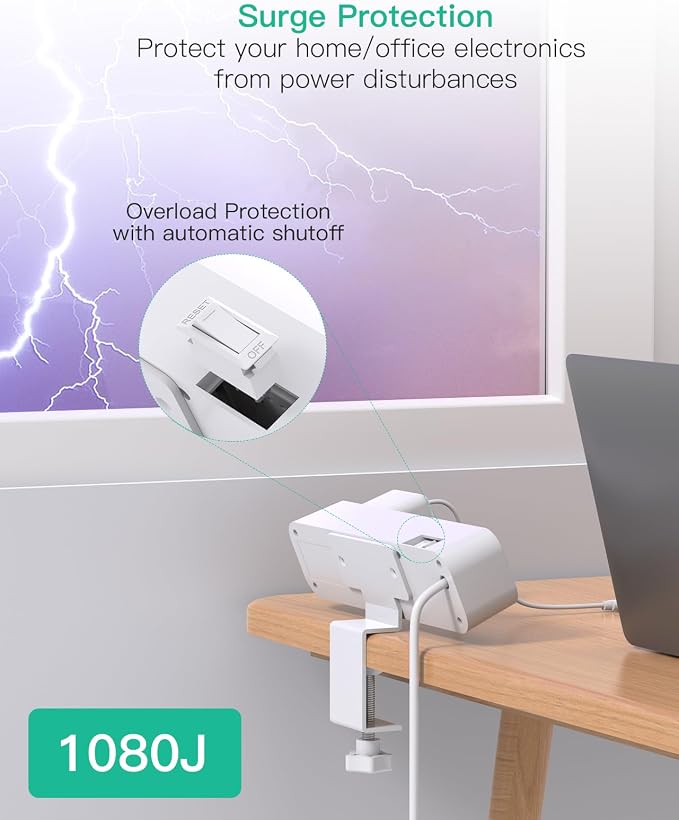 Mifaso PD40W USB C Desk Clamp Power Strip, 1080J Surge Protector | 4 Outlets, 4 USB (2 USBC), 5FT Extension Cord, Desk Organizer Gaming Accessories Home Office Essentials, Fits 1.96" Edge