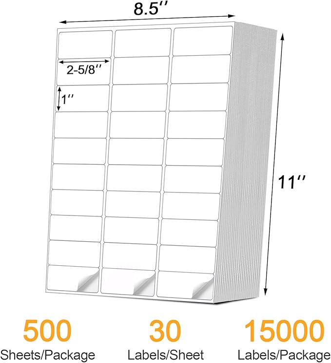 Address Labels (15,000/500 Sheets) - 1" x 2-5/8" Mailing Labels, 30 UP Shipping Sticker for Laser and Inkjet Printers