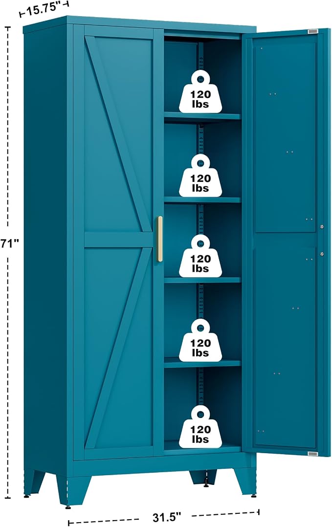QINPTWUT 71" Metal Storage Cabinet with Doors and Shelves, Tall Pantry Cabinet in Blue with 2 Doors & 4 Adjustable Shelves, All-Steel Farmhouse Cupboard for Kitchen, Living Room,Home Office,Garage