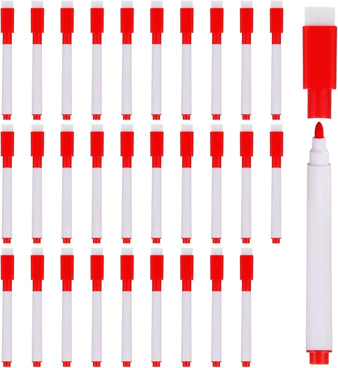 PATIKIL Dry Erase Marker Pens Red Ink Point with Eraser Cap 30Pcs | Marker Pens with Eraser Cap for Office Home Classroom, White Pen Rod