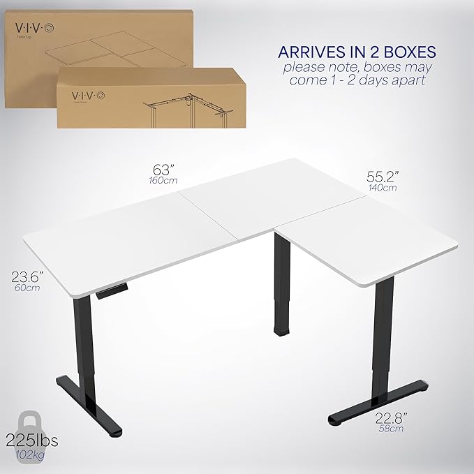 VIVO Corner Standing Desk, 63 x 55 inch Reversible L-Shaped Workstation, Electric Height Adjustment, Home, Office, and Reception Rooms, White Table Top Black Frame, DESK-E3CTBW