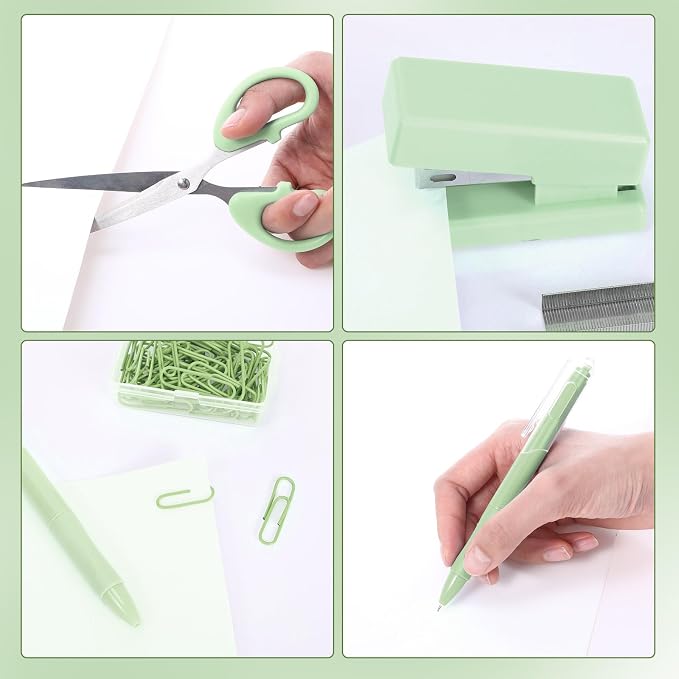 Mini Green Office Supplies Kit Green School Supplies Christmas Gift Desk Accessories with Gel Pens Sticky Notes Stapler Scissor Paper Clips Index Tabs Box Cutter for Christmas Gifts Office