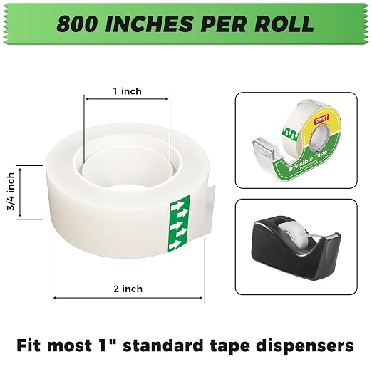 SWRT Invisible Tape Refills, 12 Rolls, 3/4 in x 800 in, Matte Finish | Blends into Paper; Easy to Write On; Neat Paper Repairs; Quick Label Fixes; Fits Tape Dispensers; Office, School, Home