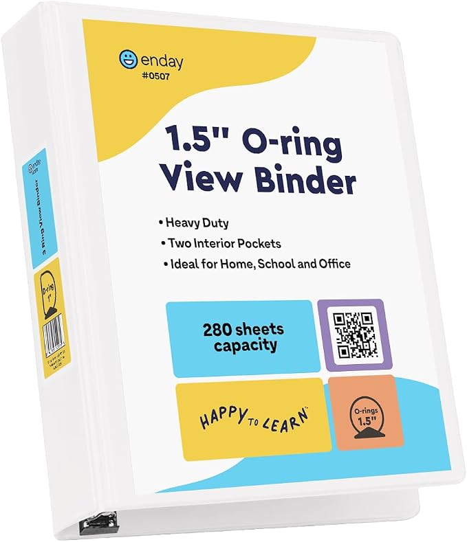 Enday 3 Ring Binder 1.5 Inch, White Heavy Duty Three Ring Binder, 325 Sheets Capacity - 1.5 Inch Binder for Home School and Office