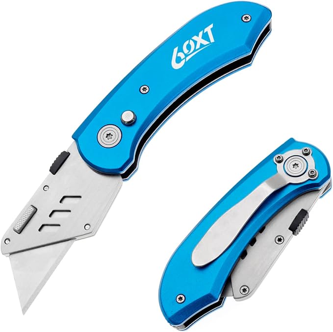 Utility Knife Folding Safety Lock Quick Change with 10 Extra SK5 Replacement Blade Lightweight Aluminum Handle & Pocket Clip Multi-Use Box Cutter Office Home Art Diy Great Gift Choice (New.Blue)
