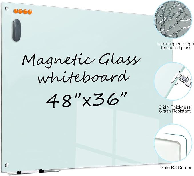 Glass Dry Erase White Board - 48 x 36 Inches Magnetic Glass Whiteboard for Wall Mounted, 4' x 3' Frameless Boards for Classroom Home, Office Supplies