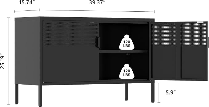 Metal Storage Cabinet,2 Door TV Stand, Metal Mesh Accent Cabinet | Magnetic Door Closure,Low Storage Cabinets with Doors and Shelf for Home,Office,Living Room