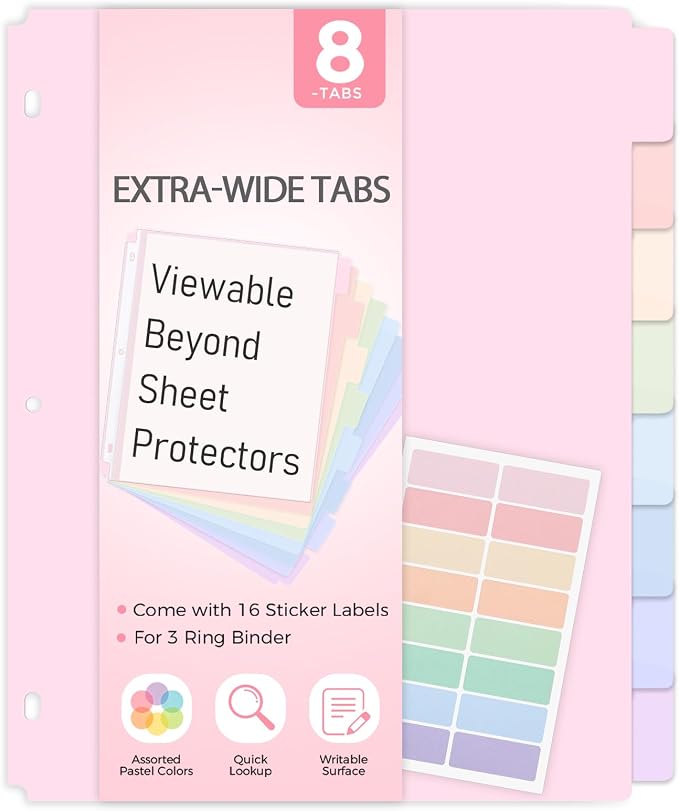 SKYDUE 8-Tab Large Dividers,Tabs Viewable Beyond Sheet Protectors | Durable Plastic Dividers for 3 Ring Binder, Write&Erase Dividers with Tabs,with Sticker Labels, Pink,1sets