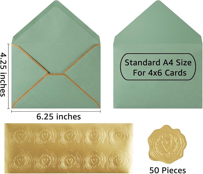 50 Pieces A4 Envelopes with Gold Border, 4.25 x 6.25 Inches Envelopes with Gold Stickers for Greeting Cards and Invitation (Sage Green, A4-4x6)